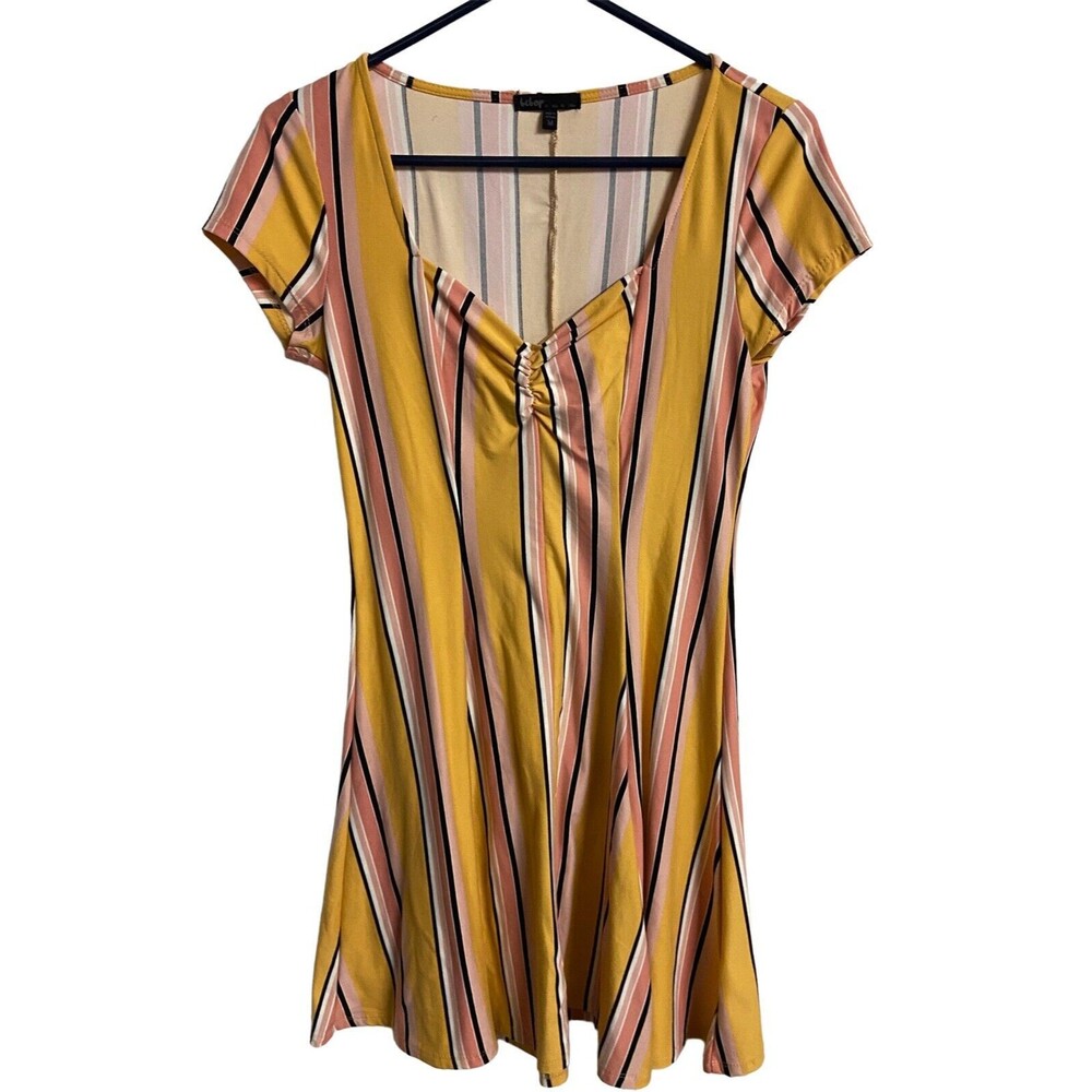 Bebop Juniors Mini Dress M Gold Striped Fit and Flare V Neck Runched Cap Sleeve